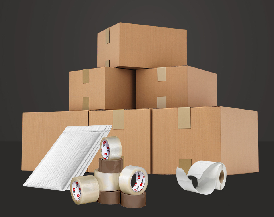 Shipping boxes, packing tape, labels, and padded mailers