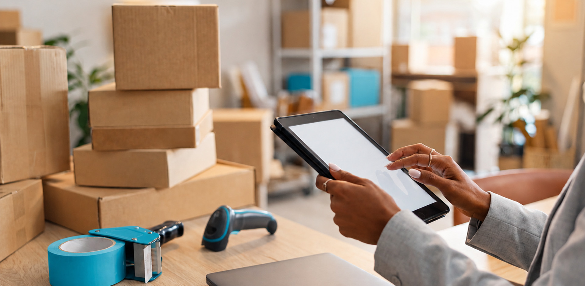 Person using a tablet at a packing station with shipping supplies and packages.